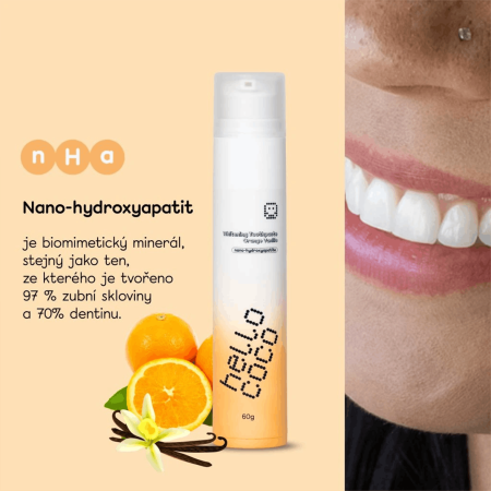 hello coco bělicí zubní pasta n-HA pomeranč & vanilka, 60g