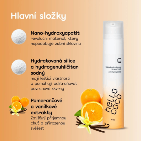 hello coco bělicí zubní pasta n-HA pomeranč & vanilka, 60g